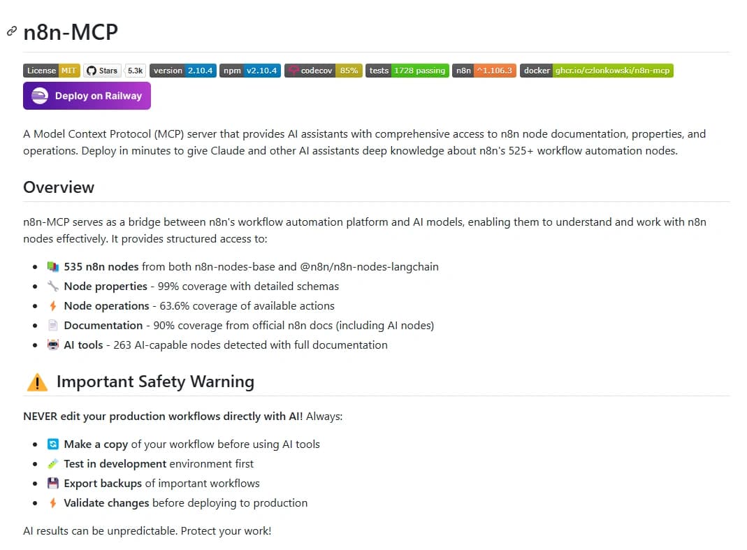 Fichier Readme du MCP n8n sur GitHub