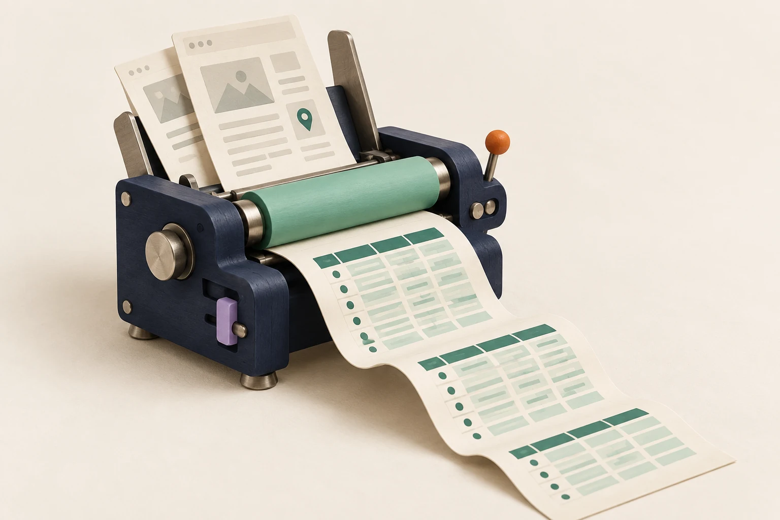 Une presse miniature bleu encre et menthe transforme des pages web en un tableau de données sur papier.