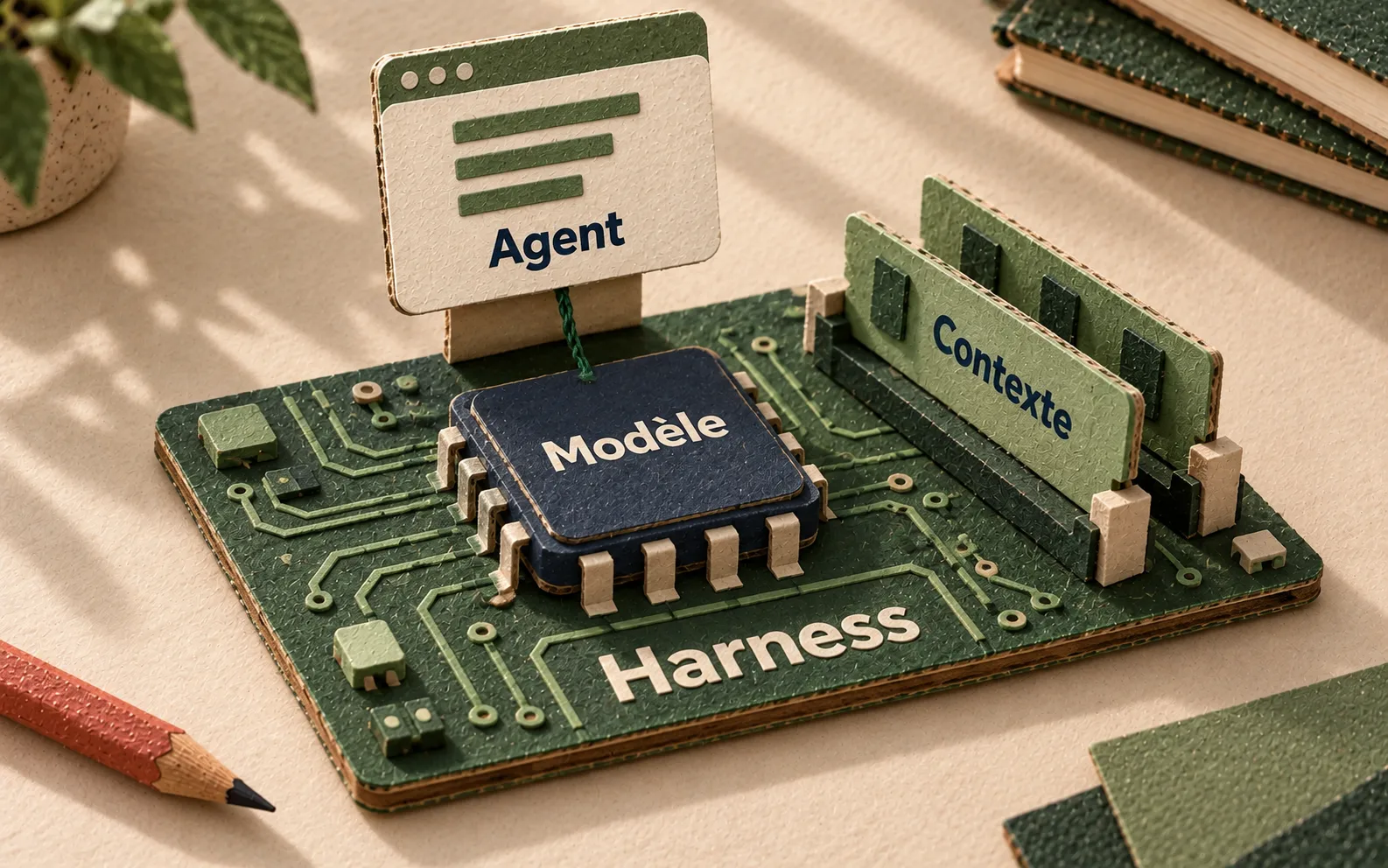 Un ordinateur en papier : la carte mère Harness relie la puce Modèle et la mémoire Contexte, et l'application Agent tourne par-dessus.