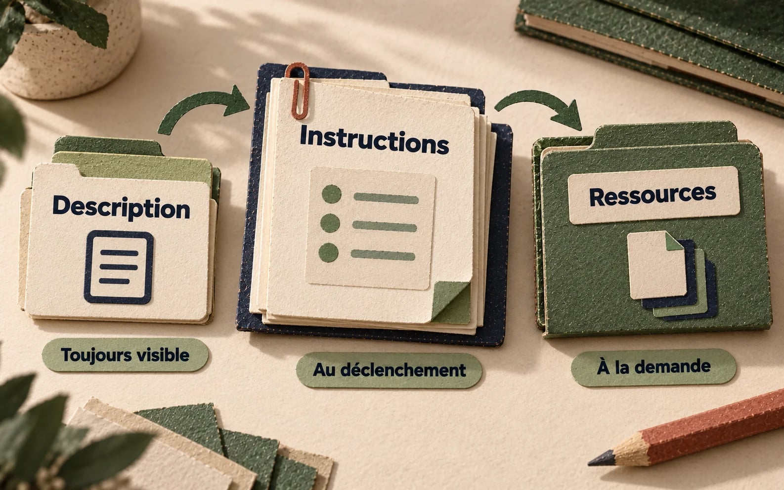 Trois niveaux de chargement : description visible, instructions au déclenchement, ressources à la demande.