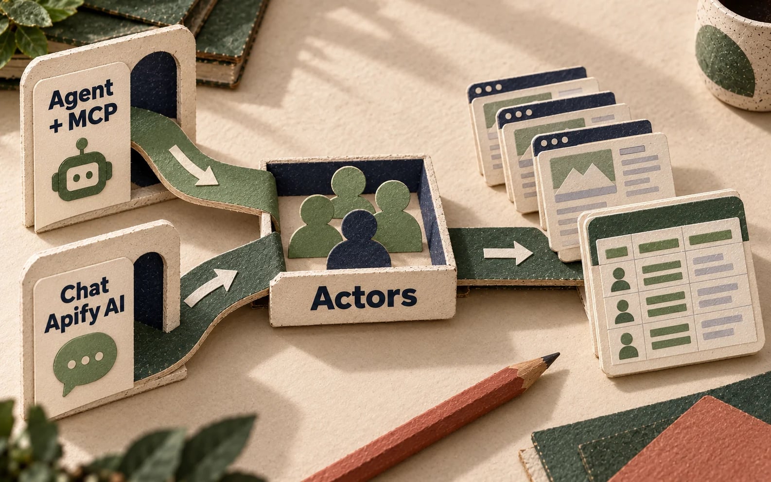 Deux entrées, Agent + MCP et Chat Apify AI, rejoignent les mêmes Actors et leurs données.