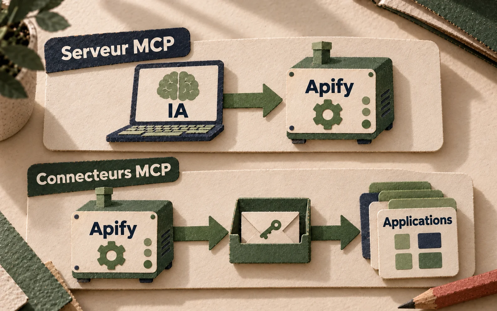 Deux flèches opposent le serveur MCP, piloté par l’IA, aux connecteurs qui alimentent les applications.