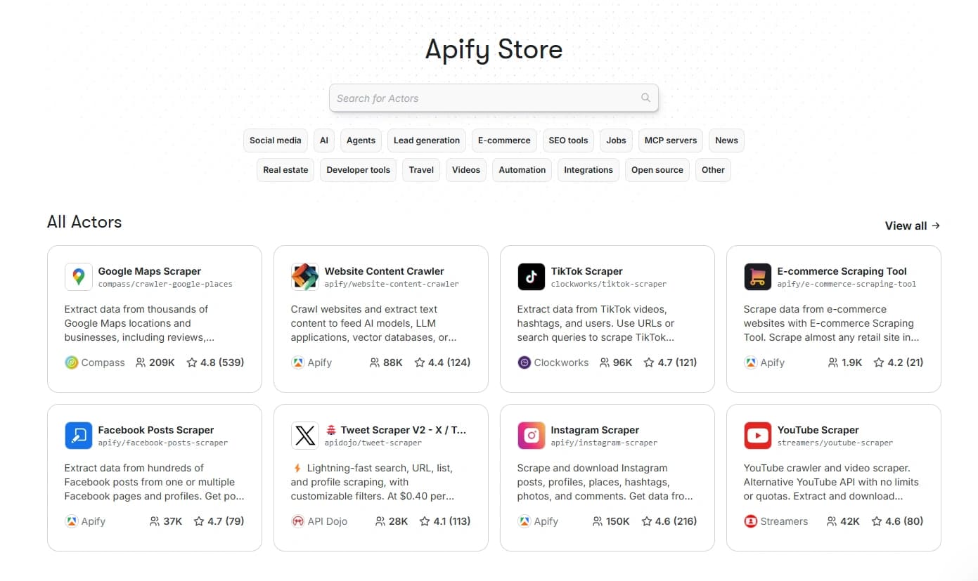 Interface d'accueil d'Apify Apify Store