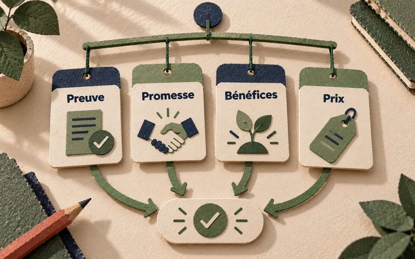 Quatre ingrédients d’une offre compréhensible : preuve, promesse, bénéfices et prix.