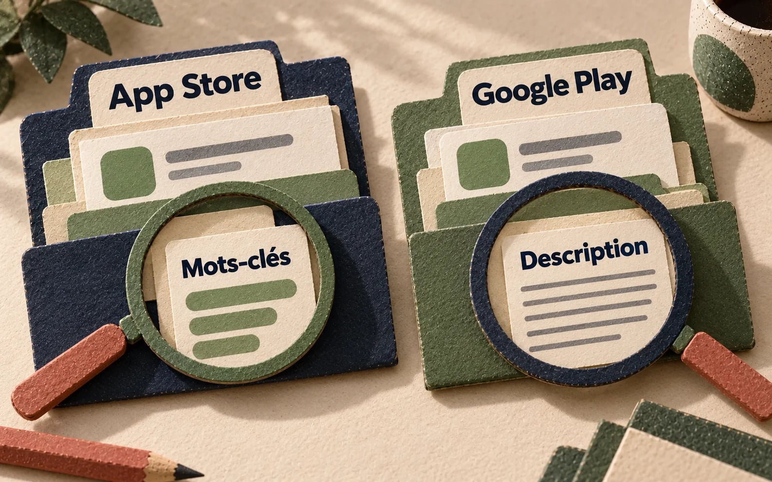 Deux dossiers App Store et Google Play mettent en évidence des champs de texte différents.