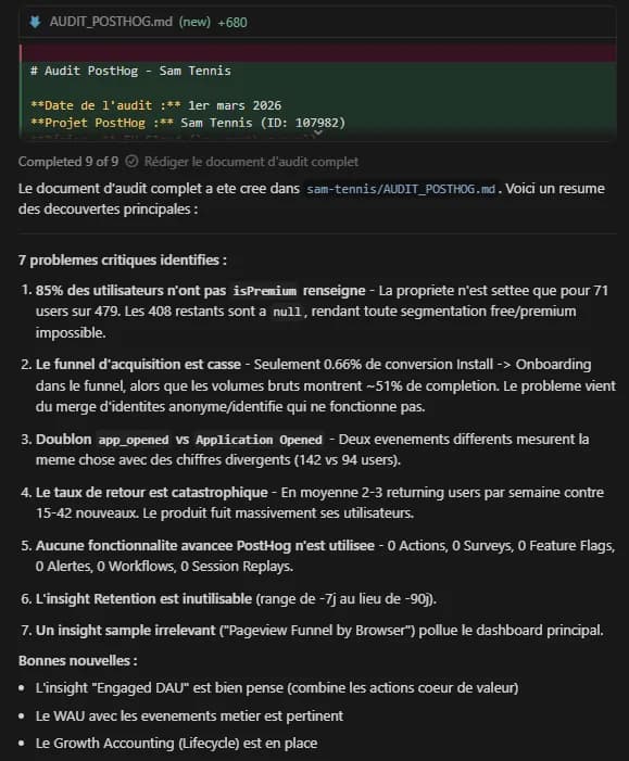L'IA diagnostique le problème d'identifiant dans le funnel Explication du bug de tracking par l'IA via MCP PostHog