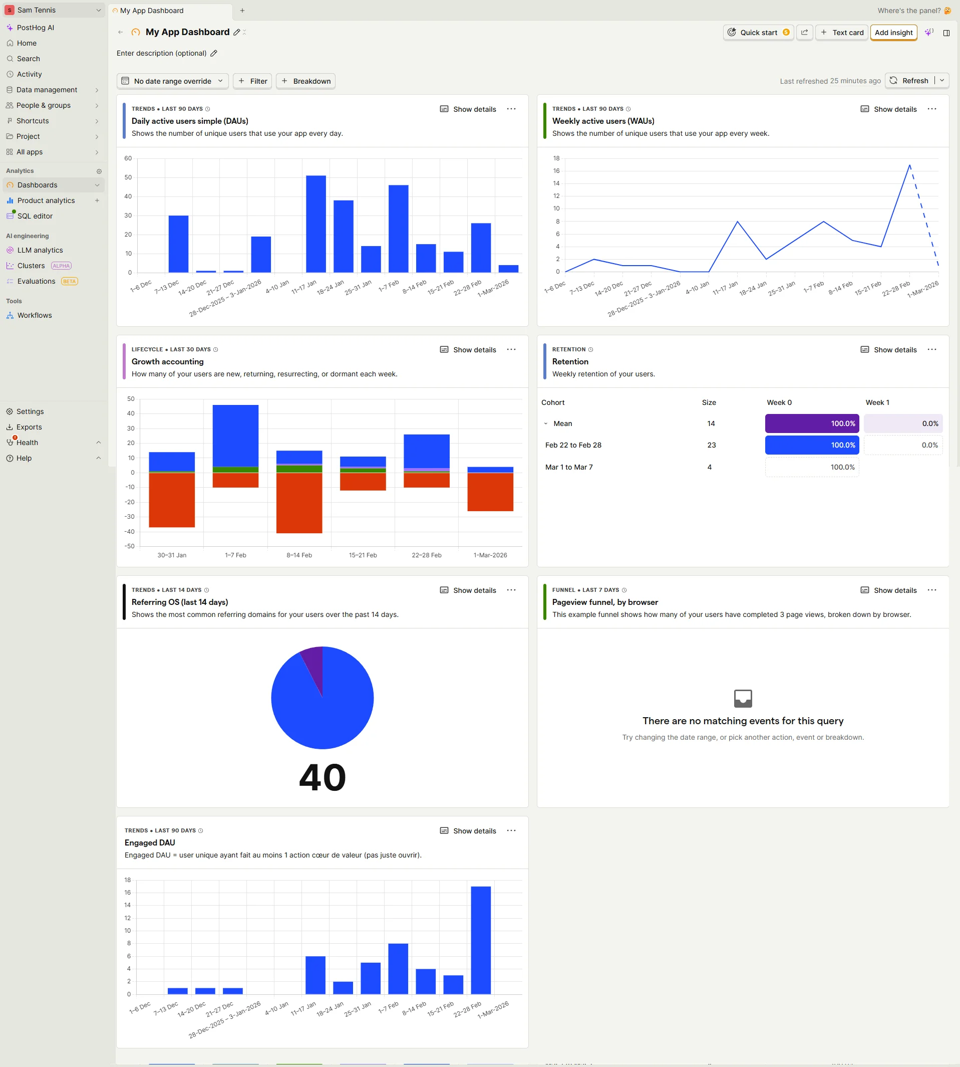 Vue d'ensemble des données brutes de Sam Tennis sur PostHog Dashboard principal PostHog de Sam Tennis