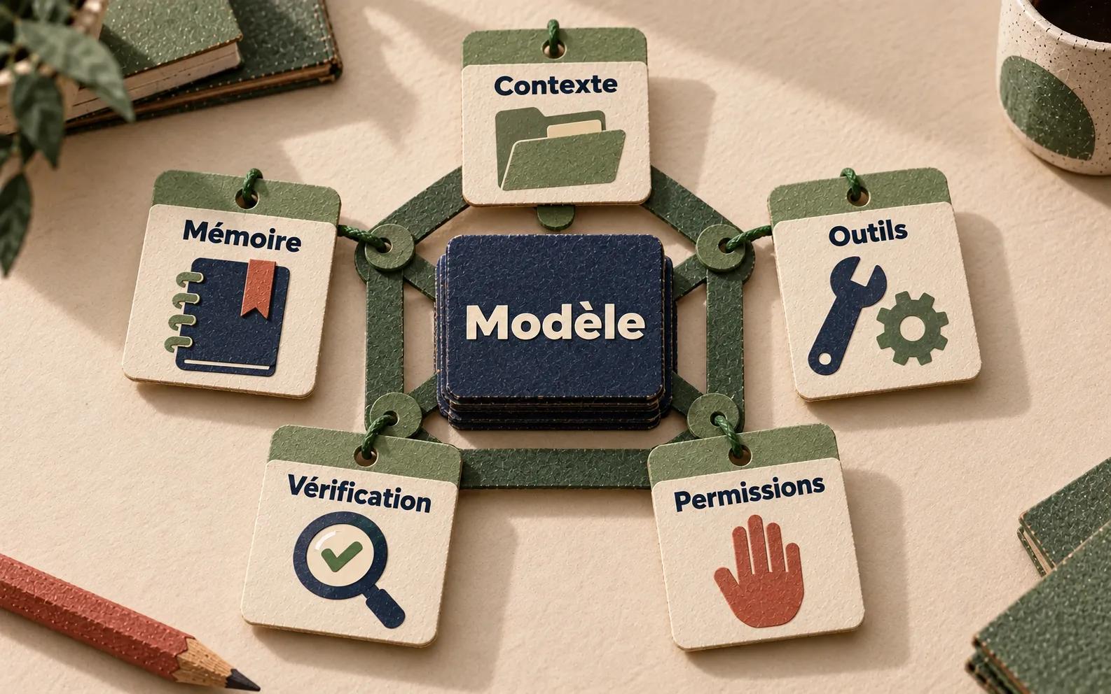 Le modèle au centre, relié à cinq étiquettes : contexte, mémoire, outils, vérification et permissions.