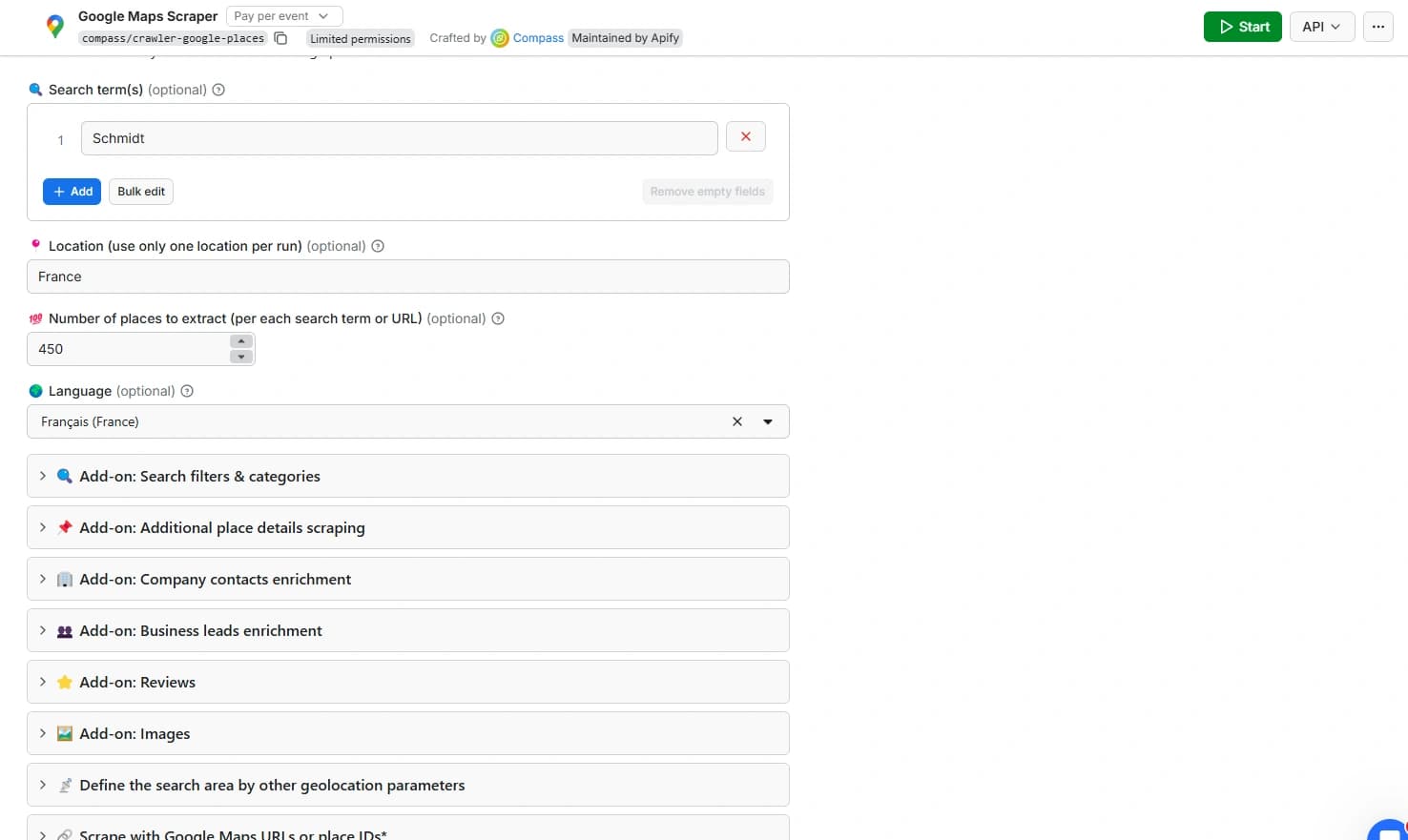 Interface d'Apify montrant les formulaires Google Maps pour paramétrer la requête Input du scraper Google Maps