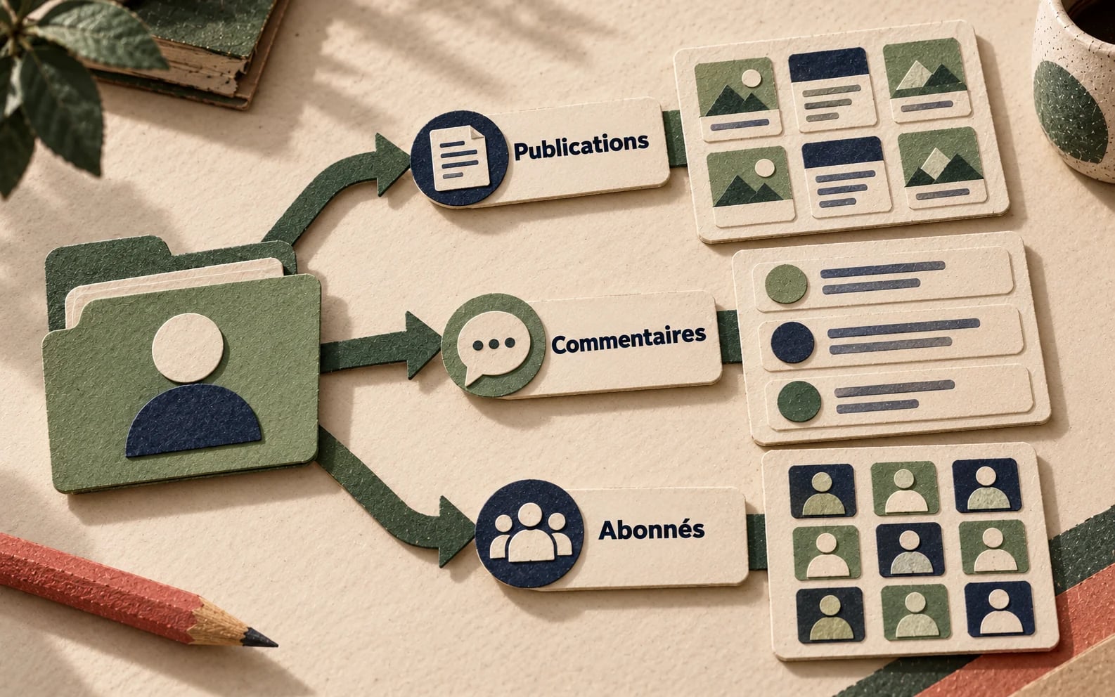 Un profil ouvre trois collectes distinctes : publications, commentaires et abonnés.