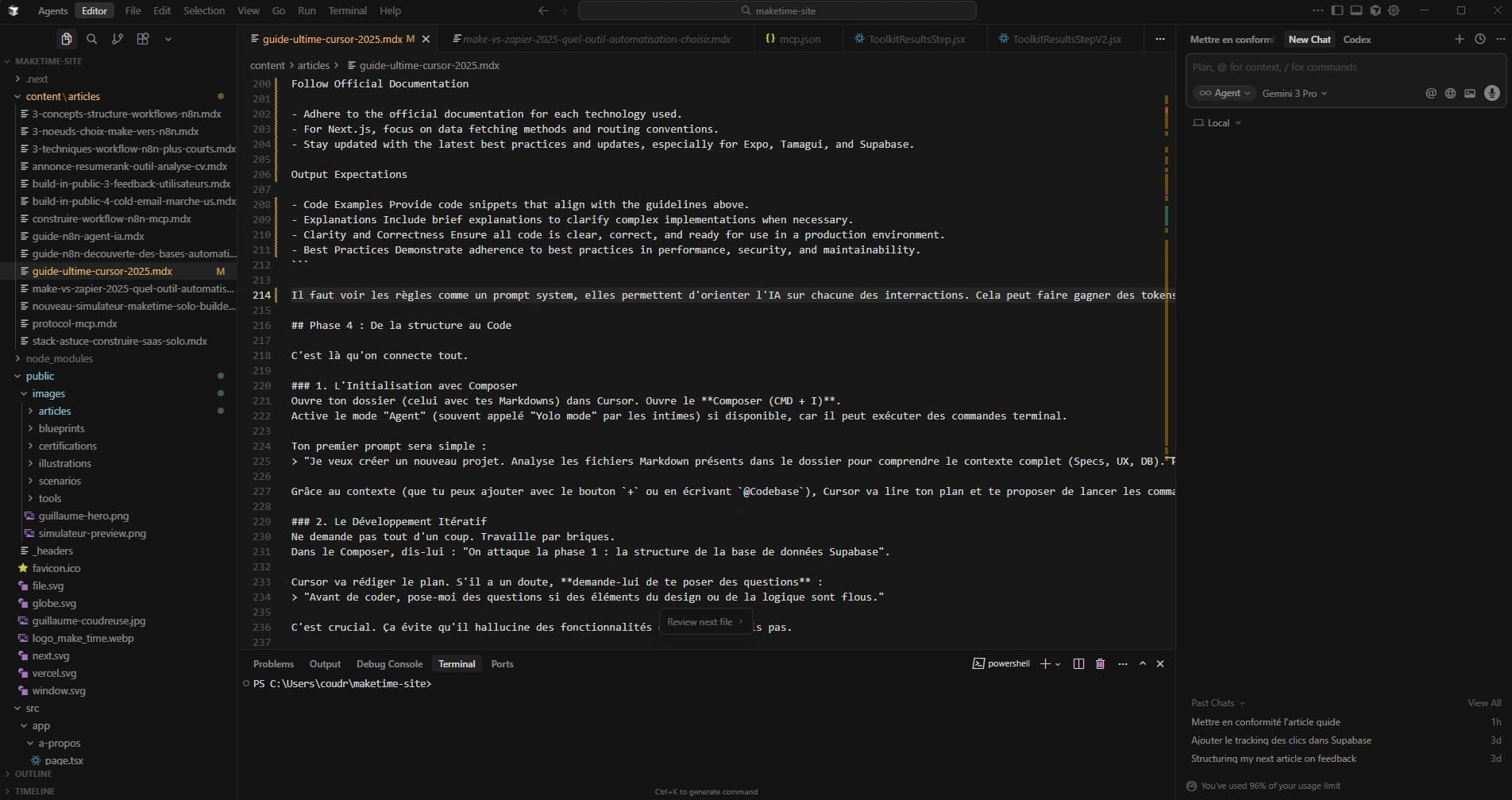 Interface de Cursor avec un projet réel Interface de l'outil Cursor