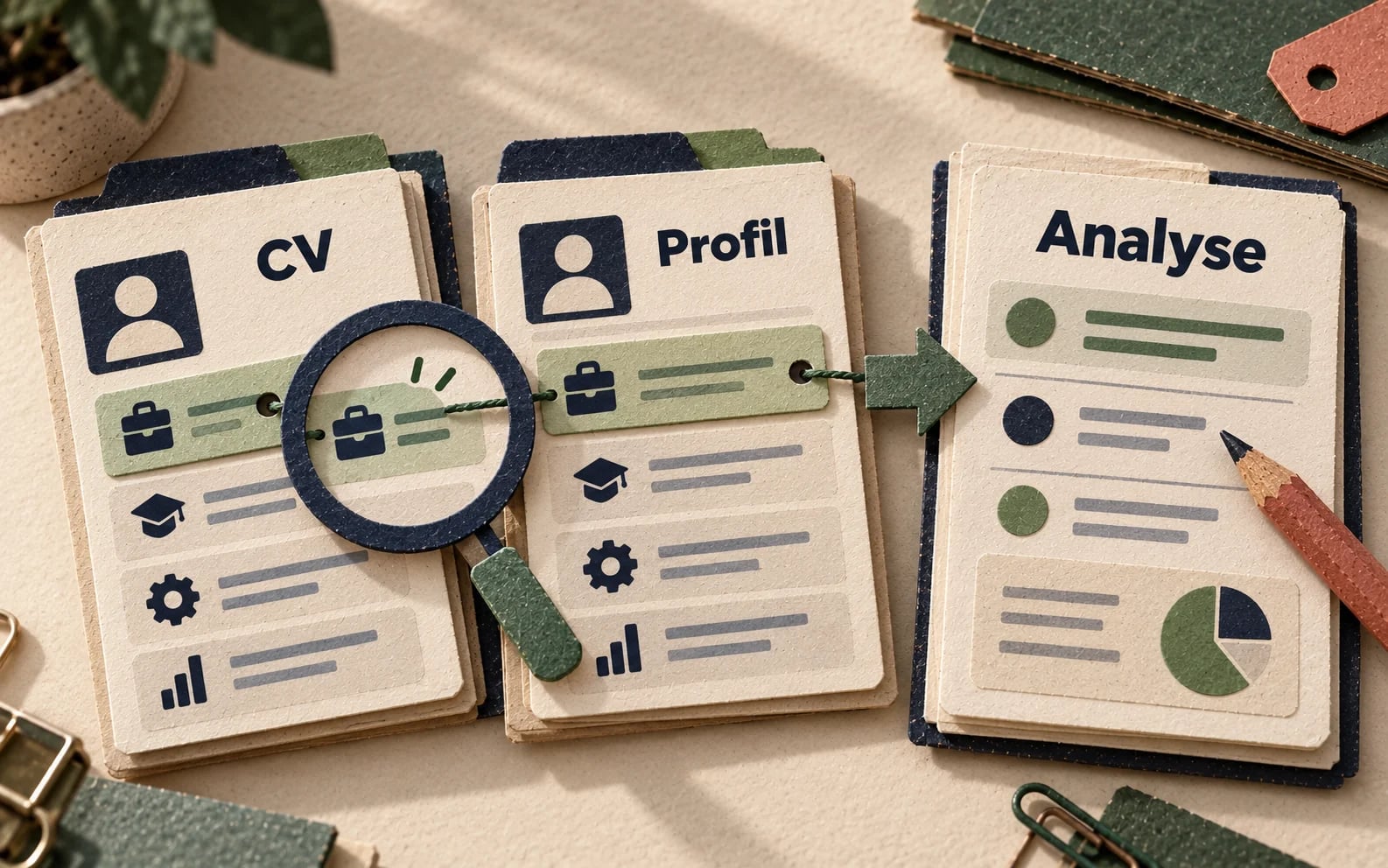 Une expérience commune relie un CV à un profil, puis les sources sont rapprochées pour l’analyse.