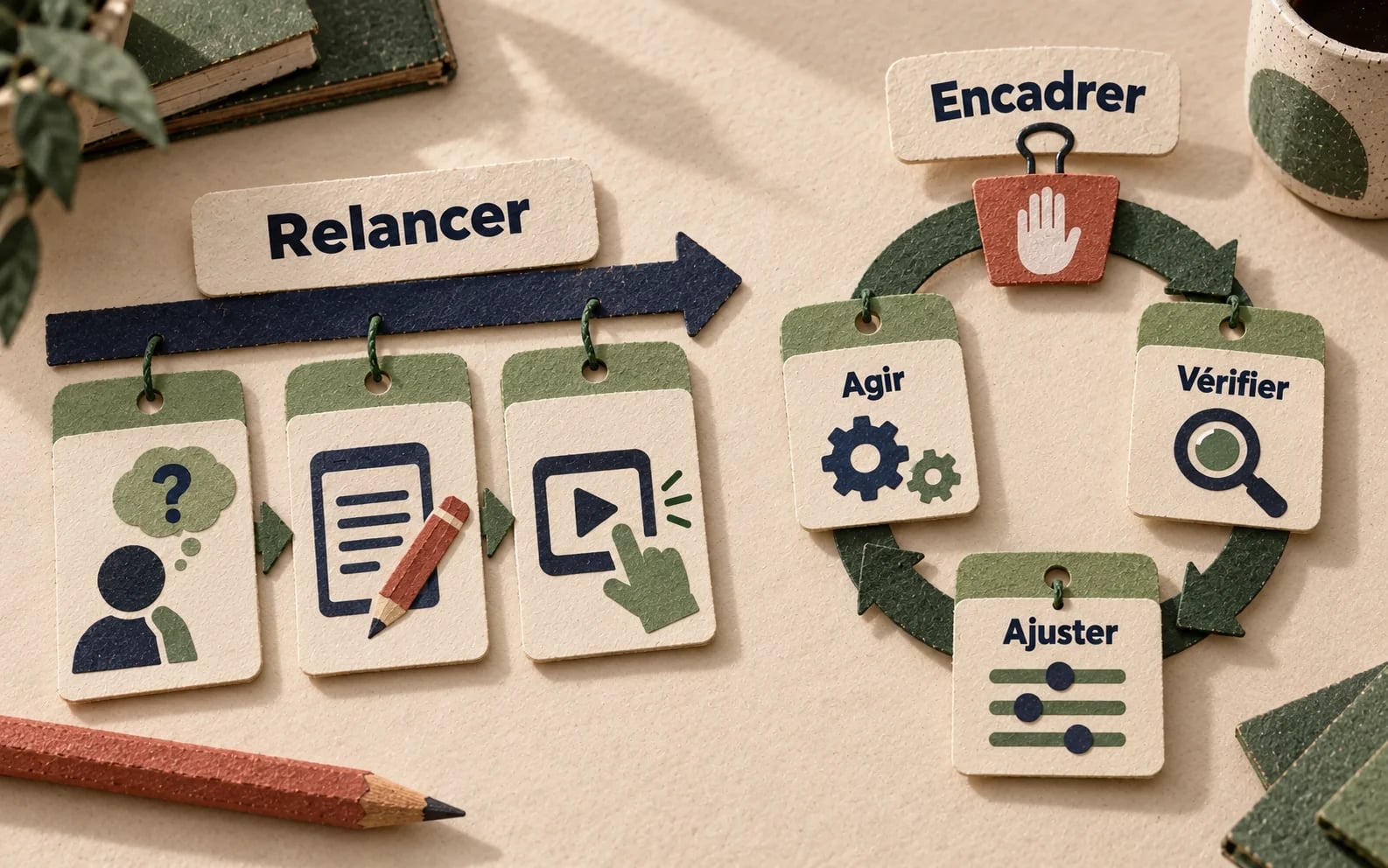 Des relances manuelles sont comparées à une boucle d’action, de vérification et d’ajustement avec un arrêt prévu.