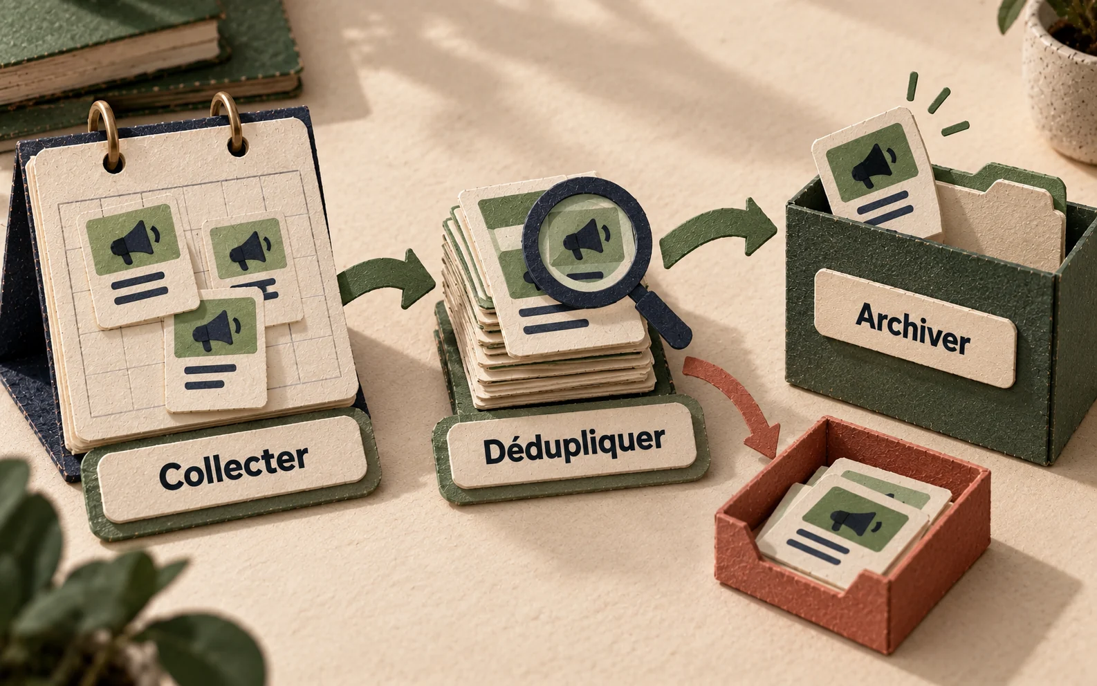 Une collecte de publicités est triée pour isoler les nouveaux visuels avant archivage.