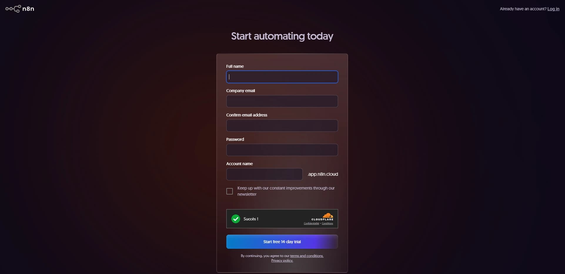 Interface de création de compte n8n Creation compte n8n
