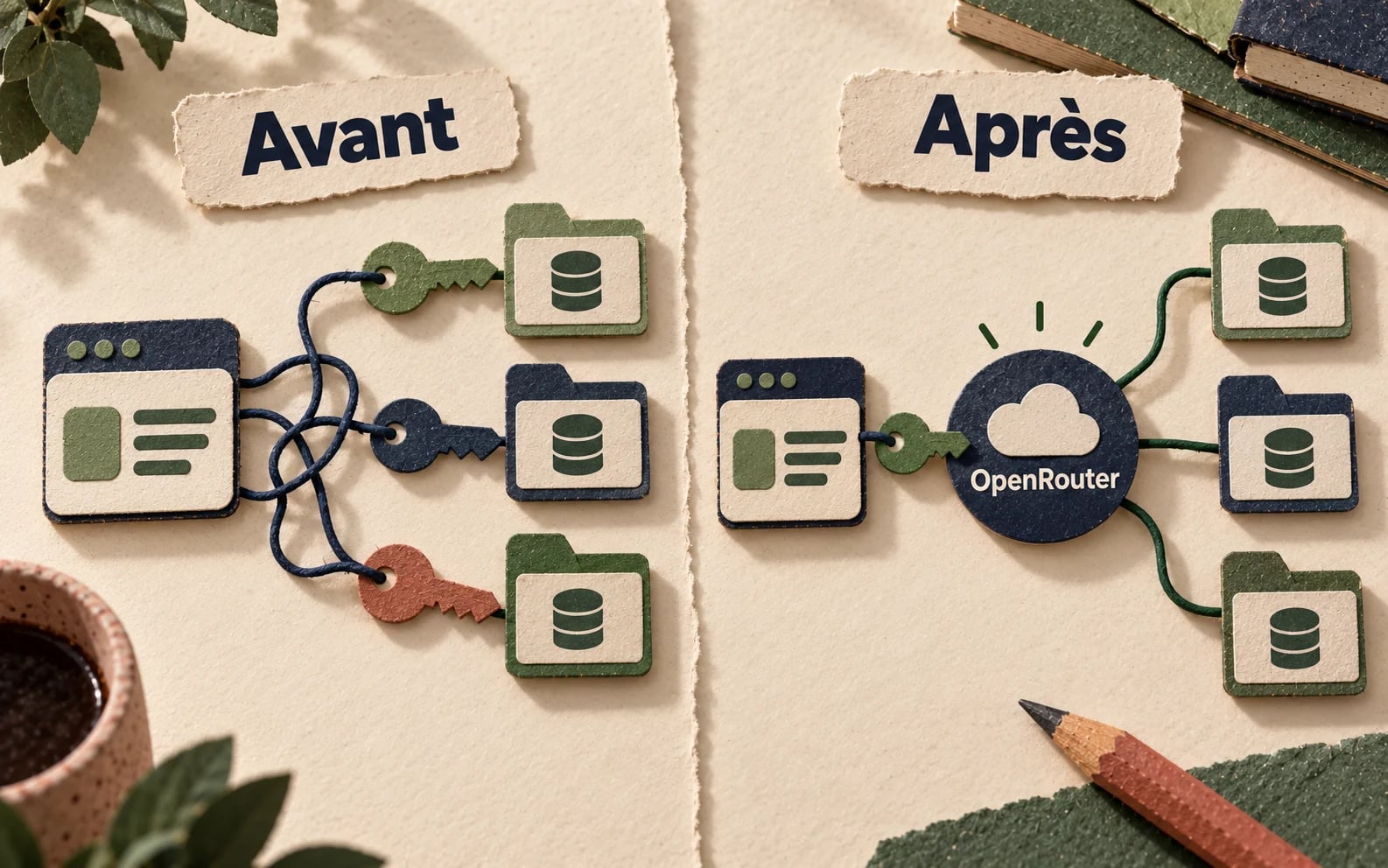 Trois accès séparés sont remplacés par une connexion à OpenRouter, qui distribue les requêtes.