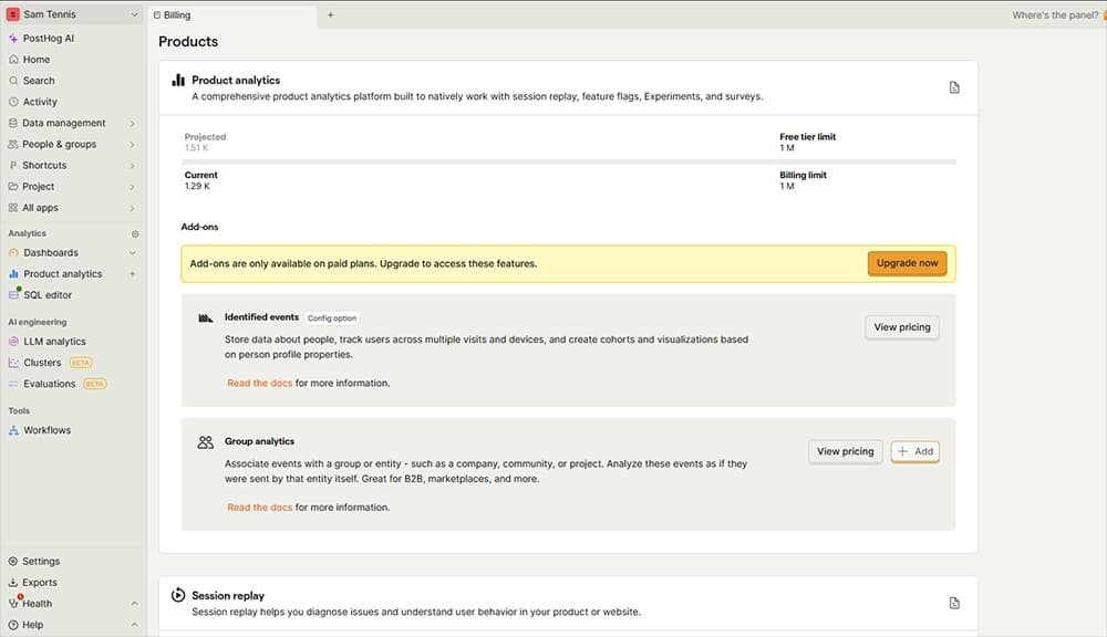 L'astuce anti-panique : la limite de facturation à 0€ dans PostHog Page de facturation PostHog avec la limite de billing configurée à 0€