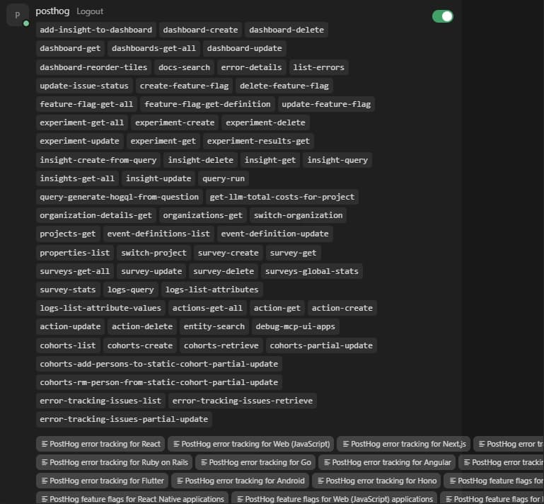 Le serveur MCP PostHog activé dans Cursor pour interroger les données depuis l'IDE Serveur MCP PostHog configuré dans les paramètres de Cursor