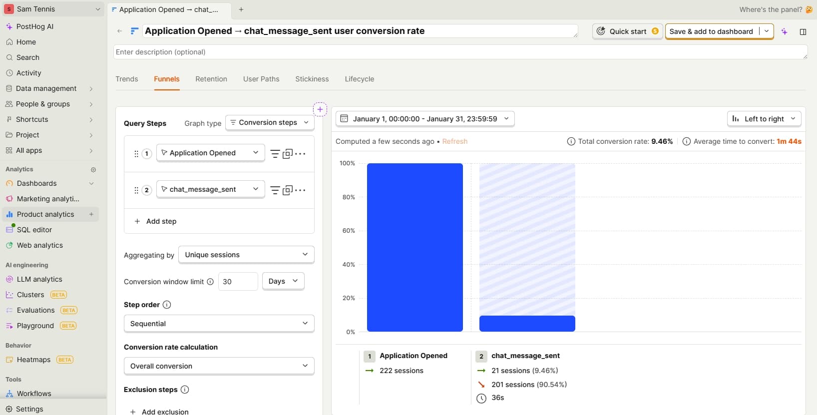 Exemple de tunnel d'activation avec les taux de déperdition par étape Funnel d'activation dans PostHog montrant les étapes de conversion