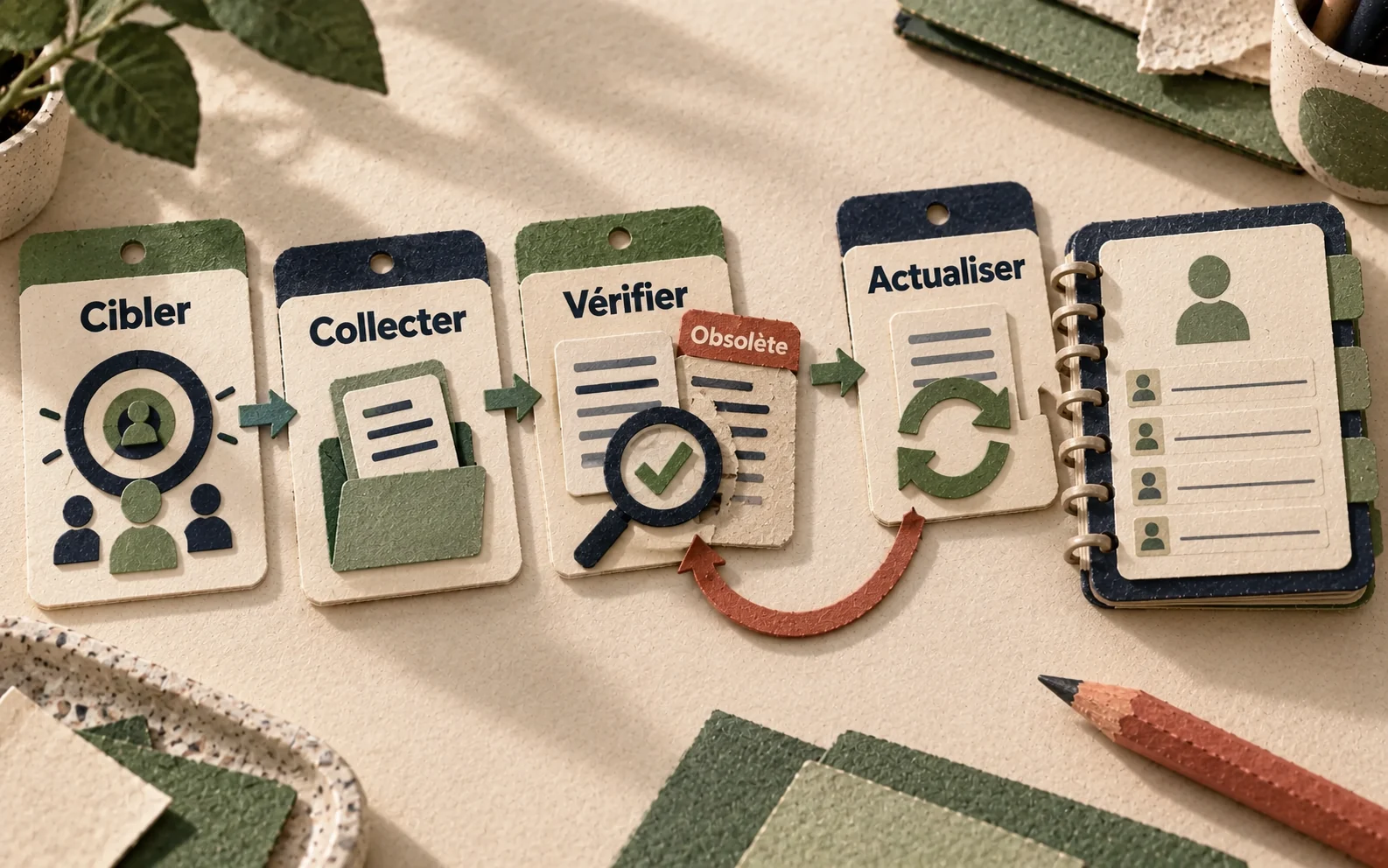 Quatre étapes relient le ciblage, la collecte, la vérification et la mise à jour d’un fichier.
