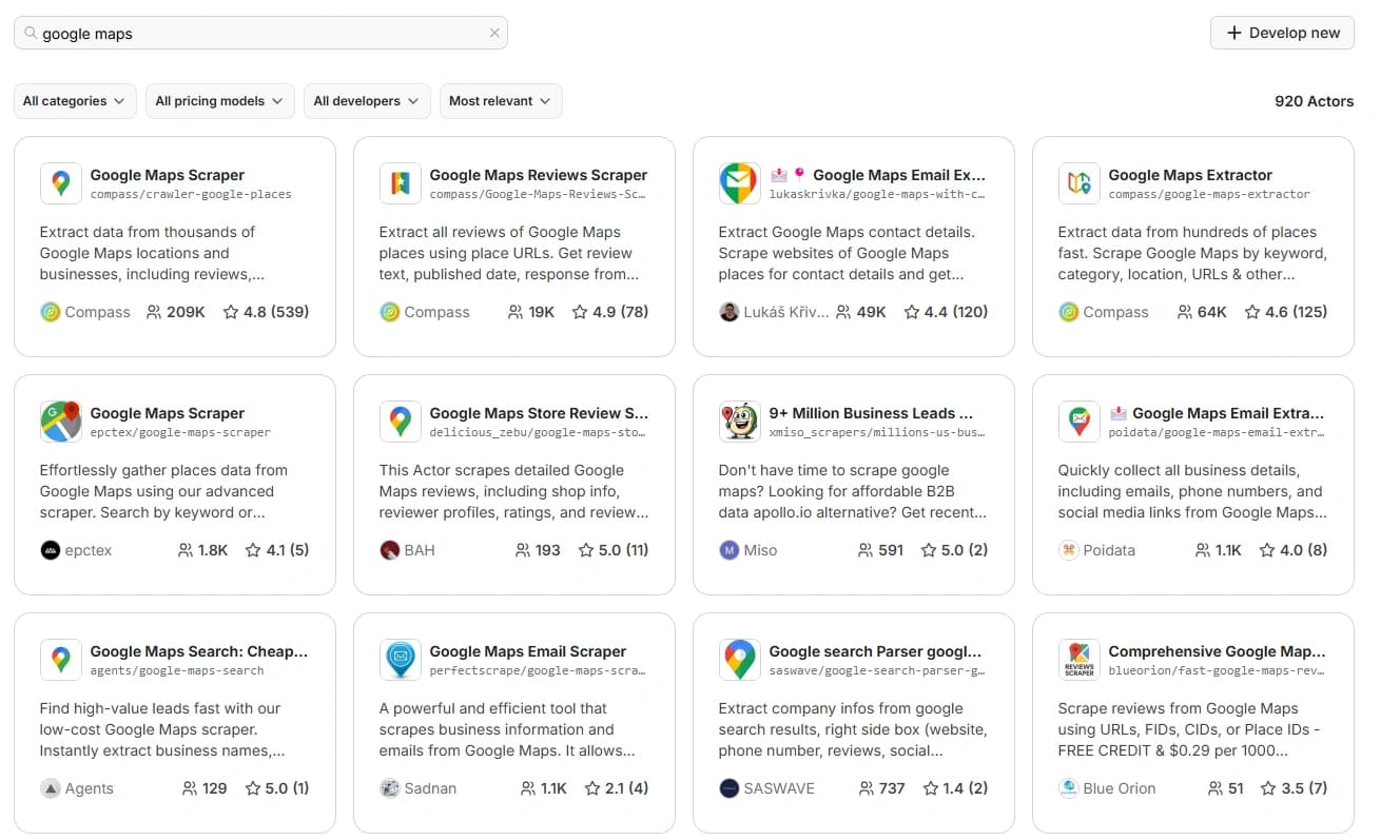 Interface d'Apify montrant les scraper de Google Maps Tous les scrapers de Google Maps