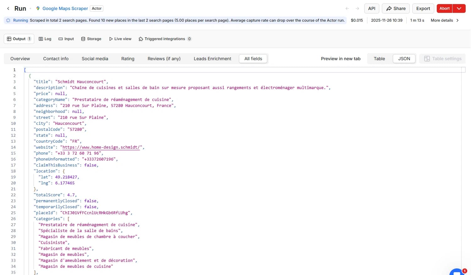 Interface d'Apify montrant les résultats du scrap Google Maps Output du scraper Google Maps
