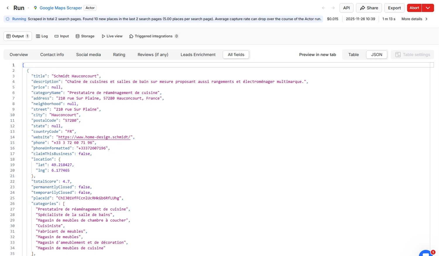 Vraie capture du tutoriel : résultat JSON d’un run Google Maps Scraper, avec nom, catégorie, adresse, site web et note d’un établissement.