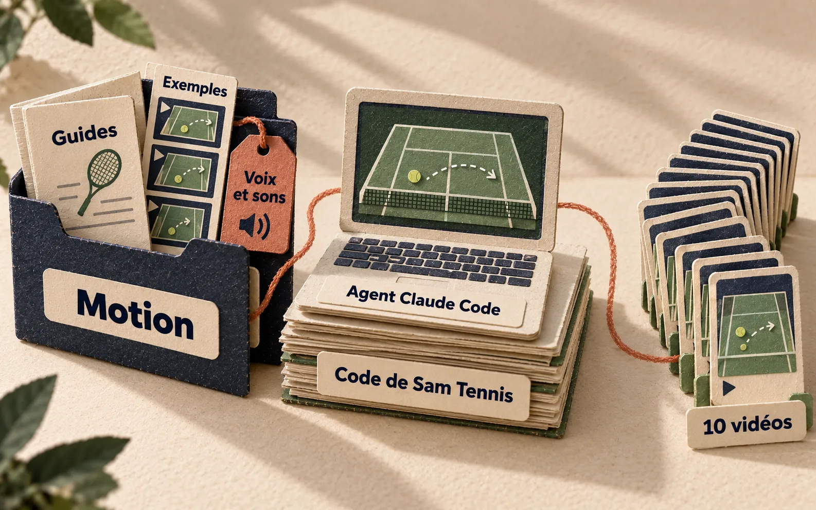 Un dossier Motion avec des guides, des exemples et une clé ElevenLabs alimente un agent Claude Code posé sur le code de Sam Tennis, qui sort une série de vidéos verticales.