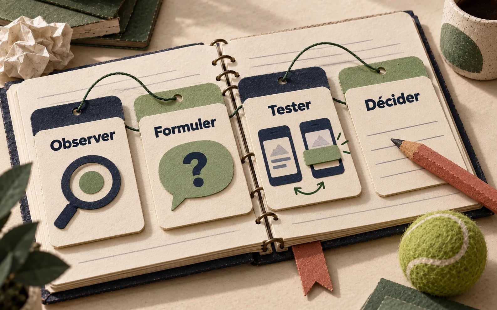 Un carnet en papier relie quatre fiches : observer, formuler, tester et décider. La décision reste à remplir.