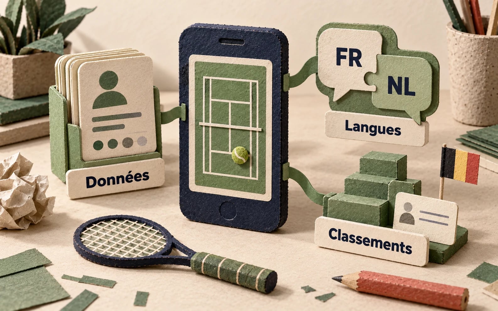 Une maquette de téléphone entourée de modules en papier pour les données des joueurs, les langues FR et NL et les classements, avec un petit drapeau belge.