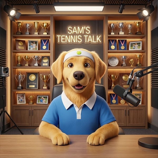 Sam Tennis, le golden retriever au micro de son studio de podcast