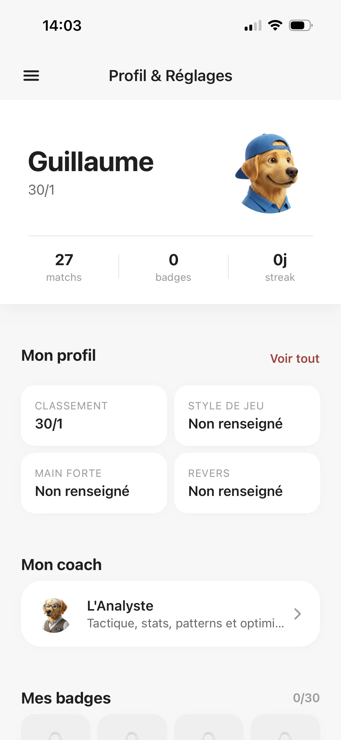 Sam Tennis V2 - Profil