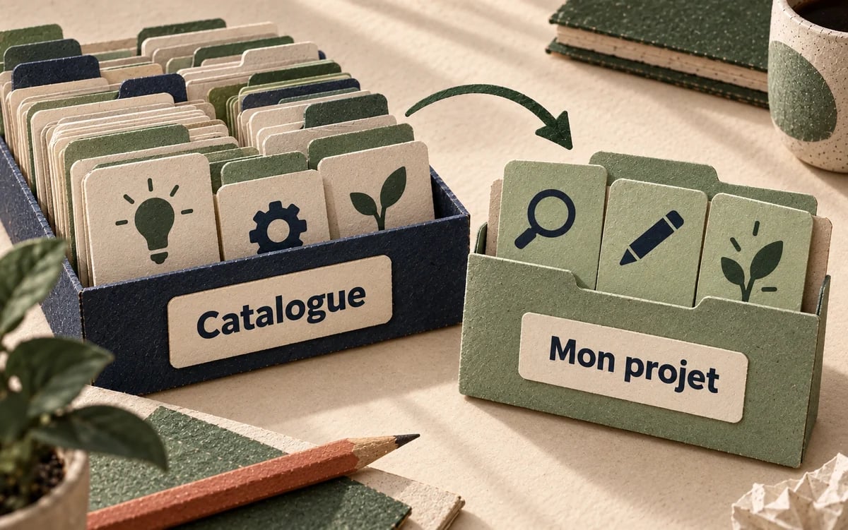 Quelques fiches sont choisies dans un grand catalogue pour rejoindre un dossier projet.