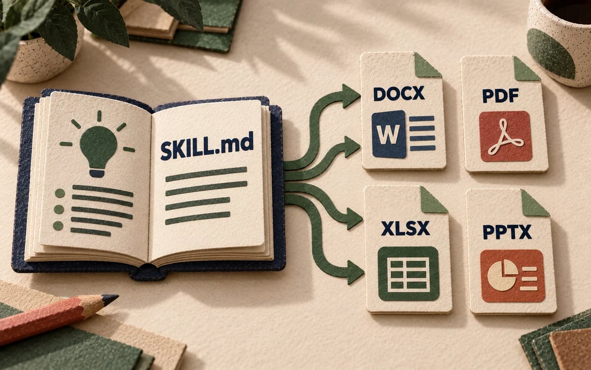 Un dossier SKILL.md ouvert, relié à quatre dossiers DOCX, PDF, XLSX et PPTX.
