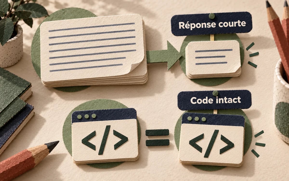 Une longue réponse devient une note concise, tandis que le code reste intact.