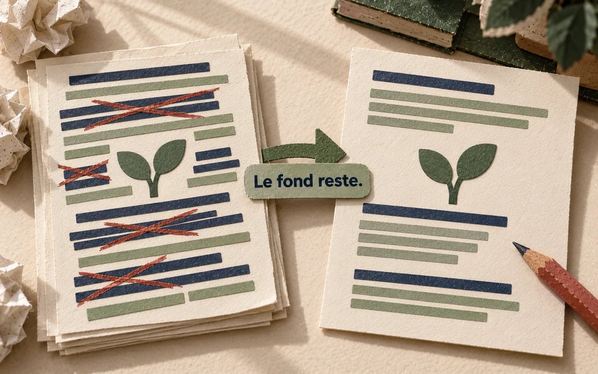 Un manuscrit est annoté au crayon puis allégé, en conservant ses idées.