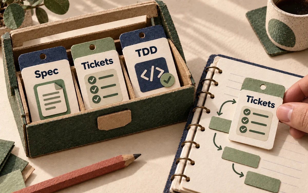 Une boîte à outils contient des fiches Spec, Tickets et TDD utilisables séparément.