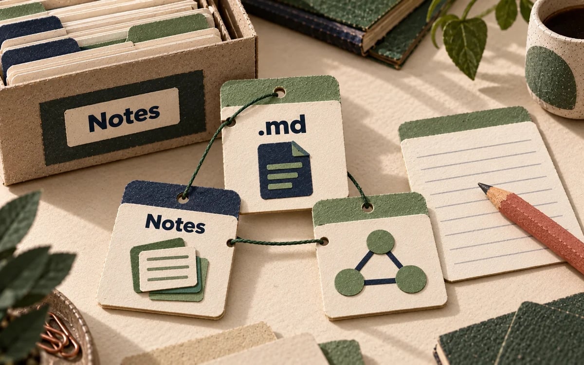 Des notes Markdown sont reliées entre elles dans un coffre, avec une fiche en cours d’édition.