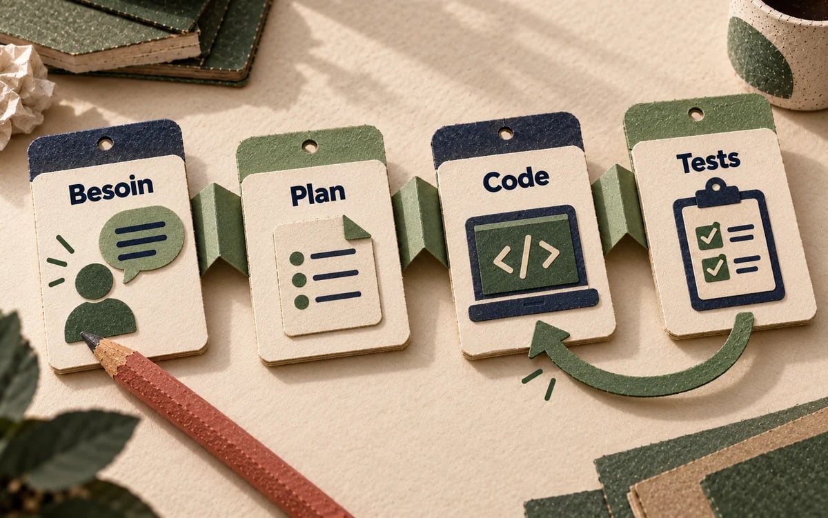 Quatre fiches relient le besoin, le plan, le code et les tests, avec un retour du test vers le code.