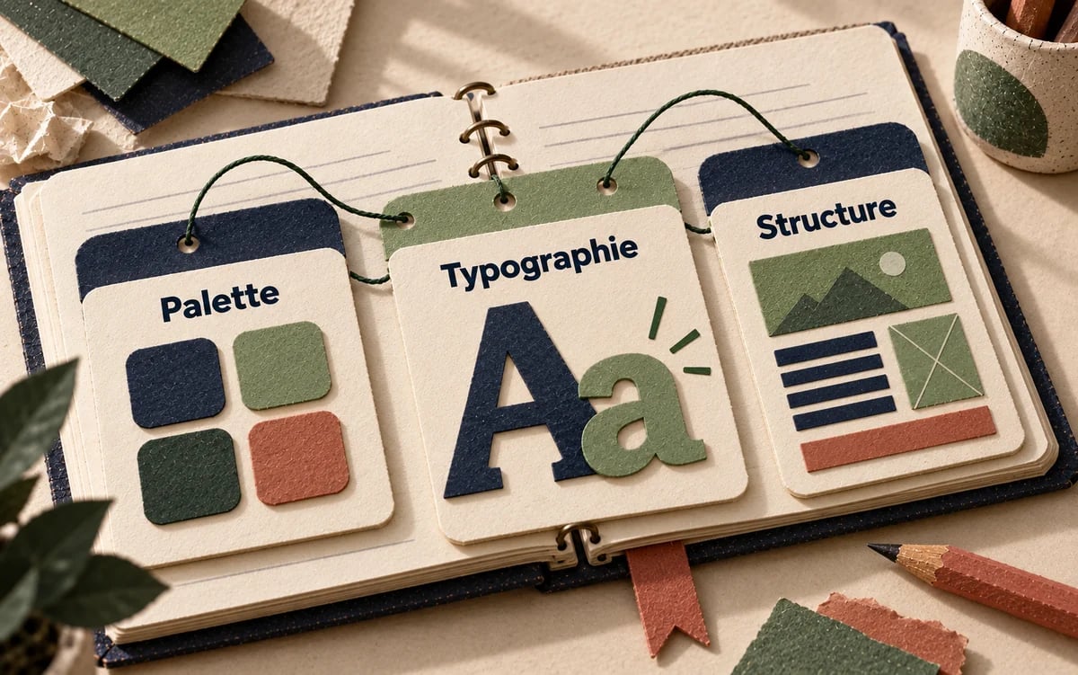 Une planche réunit une palette, un échantillon typographique et la structure d’une page.