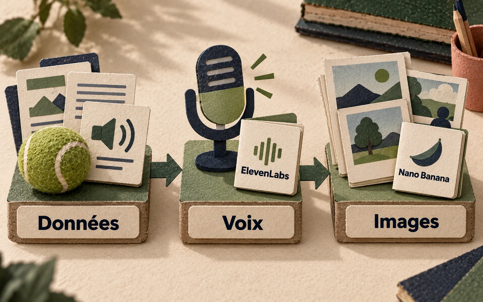 Des données de tennis alimentent un script vocal et une série d’images, chacun guidé par sa méthode.