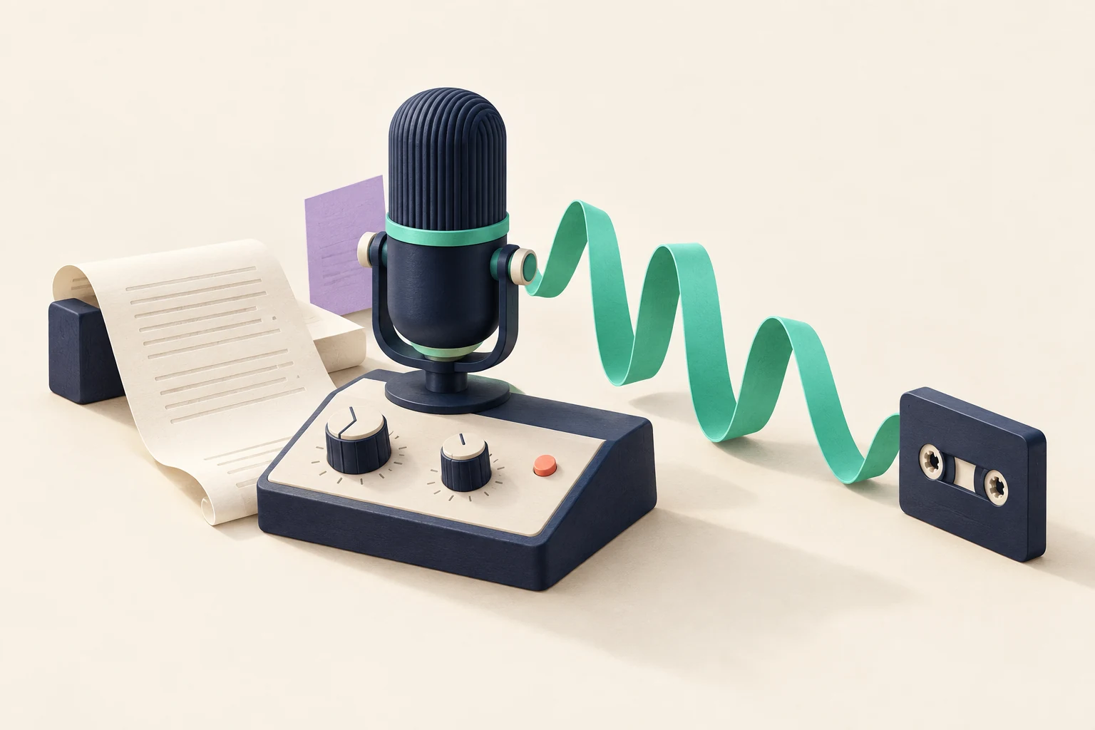 Un studio miniature : un script papier se transforme en onde sonore autour d’un microphone bleu encre et menthe.