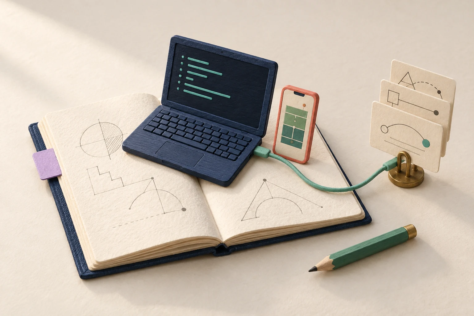 Un carnet de travail en papier accueille un ordinateur miniature en bois bleu, un téléphone et des fiches reliées par un câble menthe.