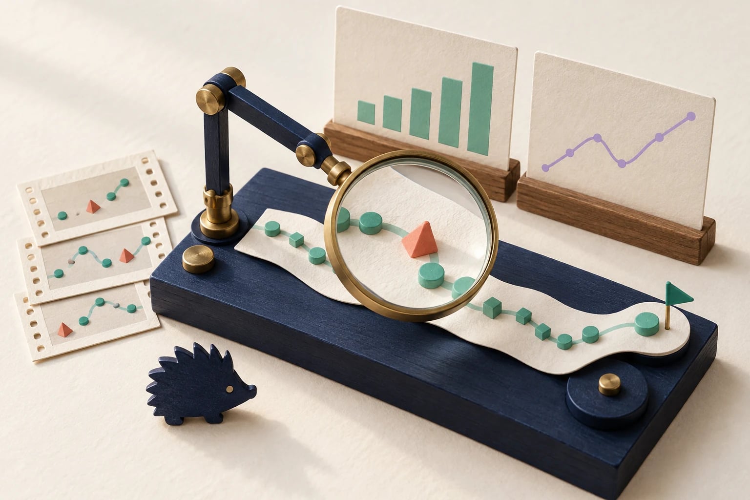 Un observatoire miniature en bois bleu encre : une loupe en laiton examine un parcours menthe, entouré de graphiques en papier et d’une bobine de replay.